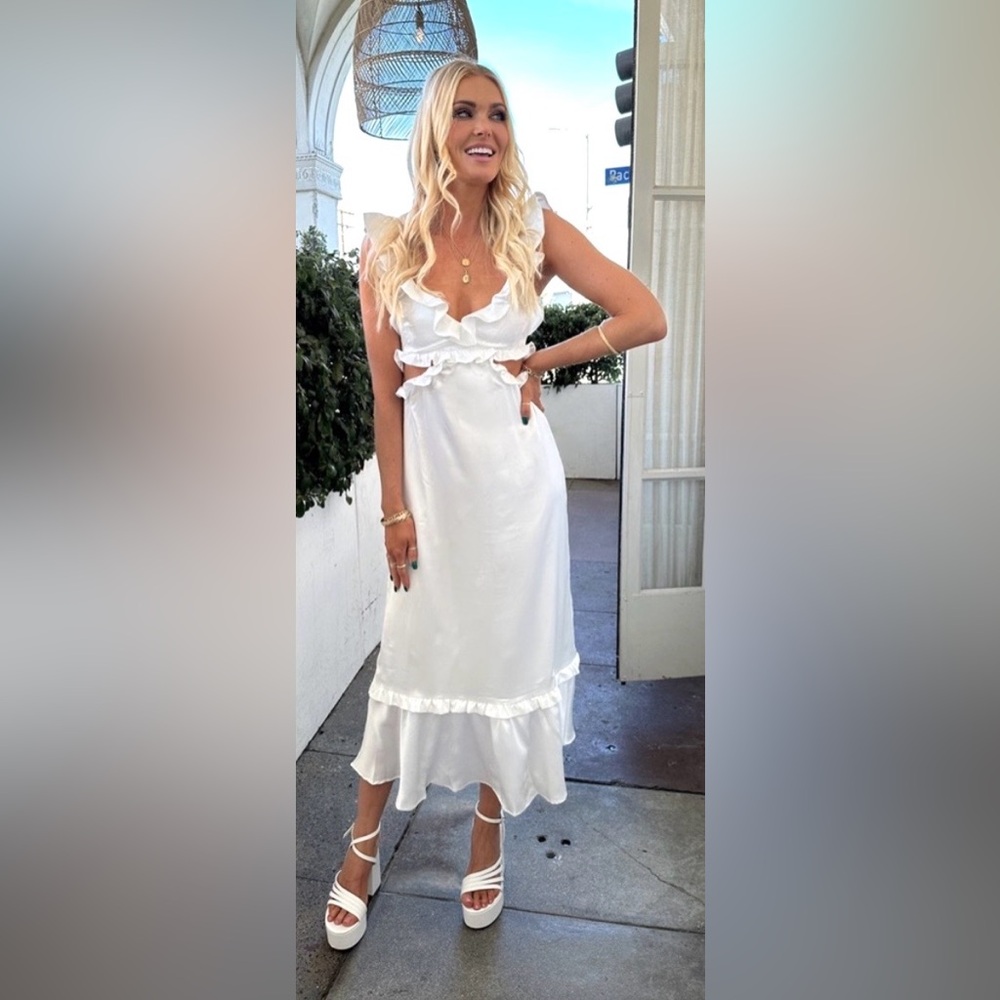 Show Me Your Mumu Lane Satin Dress Revealing Cutout Ruffles Smocked White Sz XS